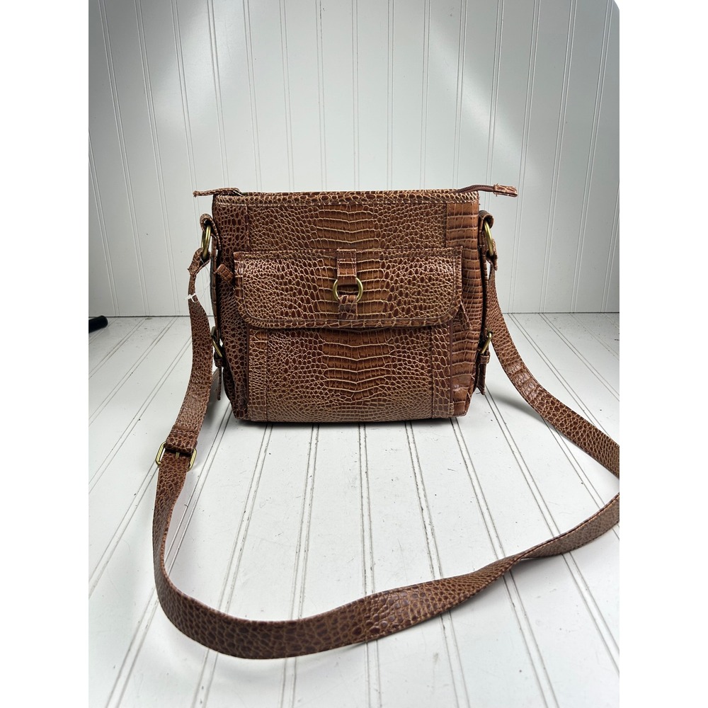 Coldwater Creek Vintage Sophie Brown Croc Embossed Leather Boho Crossbody Bag - Picture 2 of 14